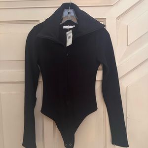 NEW Good American Black Ribbed Front Zip Bodysuit - Women's 1 (Small)
